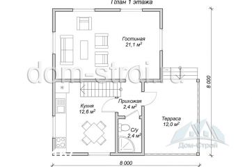 Дачный дом 8х8 с мансардой и террасой. 86 м2