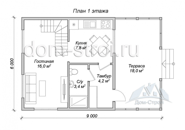 План 1 этажа дома 6х6 с террасой