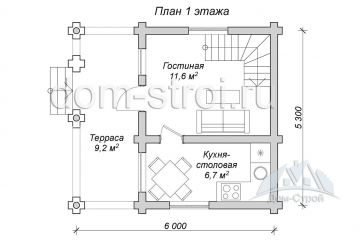 Дачный домик из сруба 4х5.3м, с террасой 2х5.3м (общий размер 6х5.3м). 40 м2